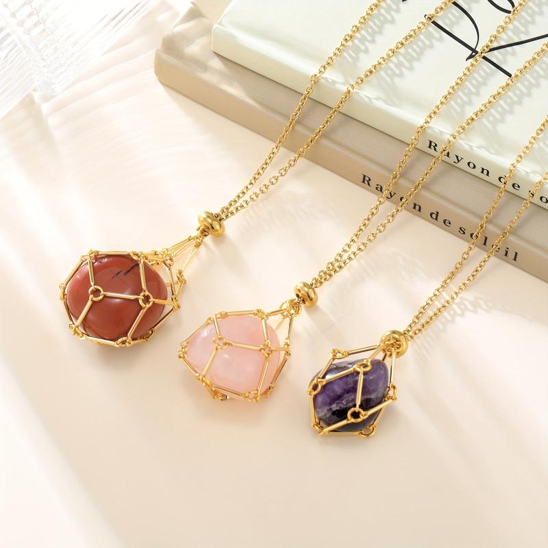 Gemstone Cage Necklace Holder Adjustable Golden Silver Women Men
