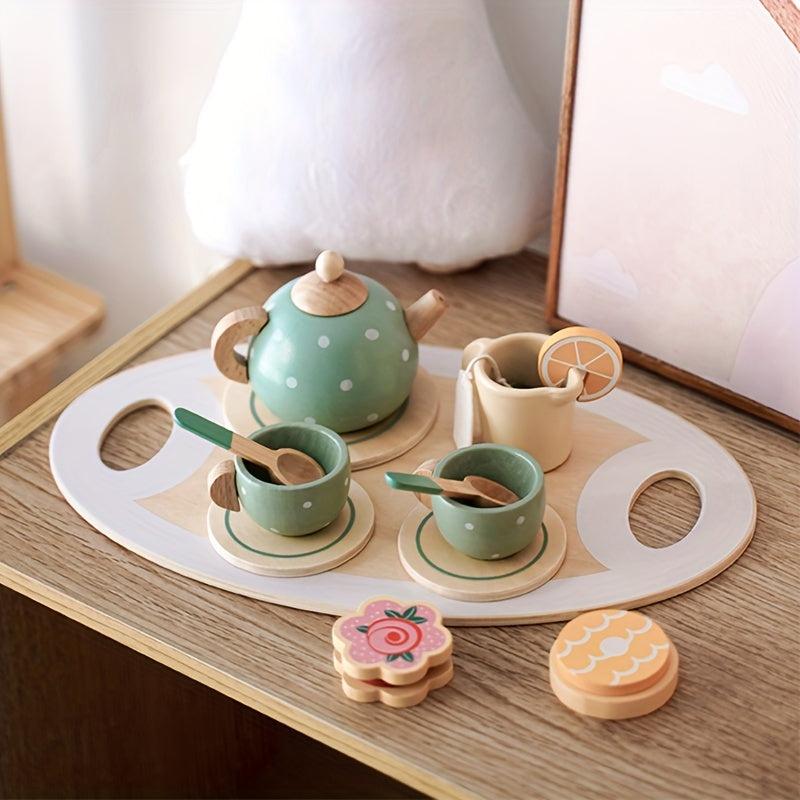 15pcs Wooden Afternoon Tea Set Toy Pretend Play Kitchen Interactive Parent child