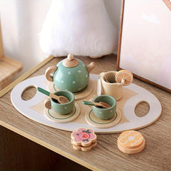 15pcs Wooden Afternoon Tea Set Toy Pretend Play Kitchen Interactive Parent child