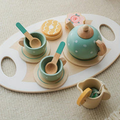 15pcs Wooden Afternoon Tea Set Toy Pretend Play Kitchen Interactive Parent child