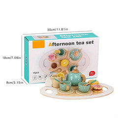 15pcs Wooden Afternoon Tea Set Toy Pretend Play Kitchen Interactive Parent child