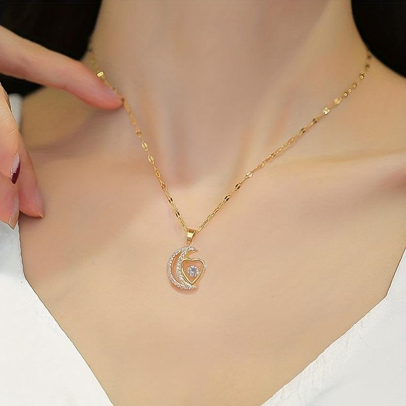 Stainless Steel Moon Heart Pendant Necklace for Women Girls