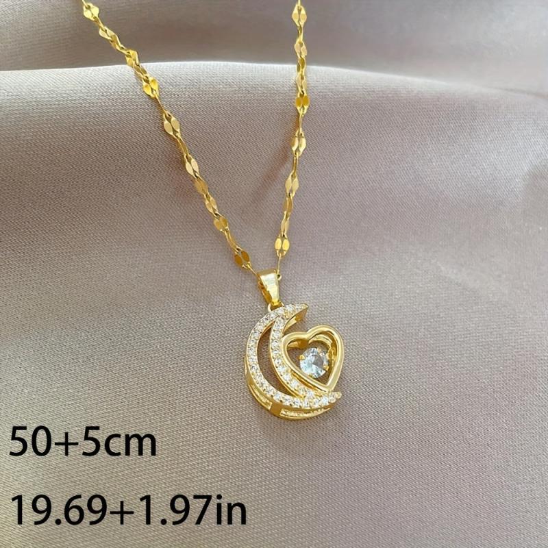 Stainless Steel Moon Heart Pendant Necklace for Women Girls