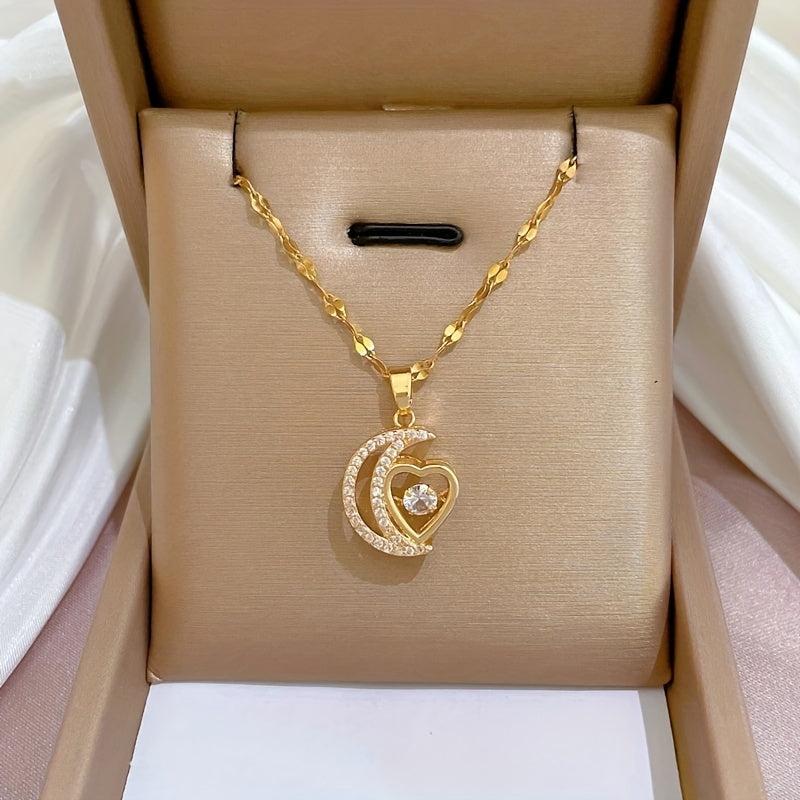 Stainless Steel Moon Heart Pendant Necklace for Women Girls