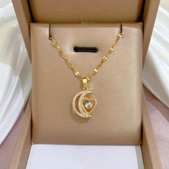 Stainless Steel Moon Heart Pendant Necklace for Women Girls