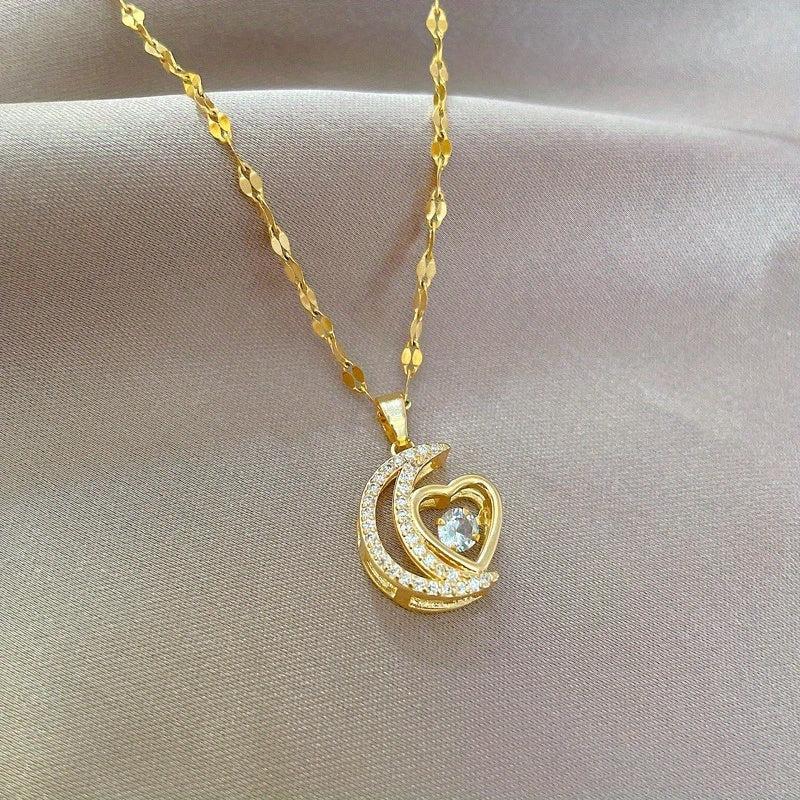 Stainless Steel Moon Heart Pendant Necklace for Women Girls