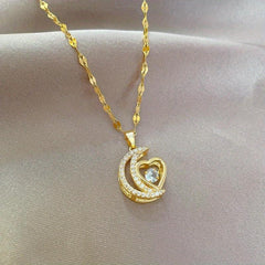 Stainless Steel Moon Heart Pendant Necklace for Women Girls