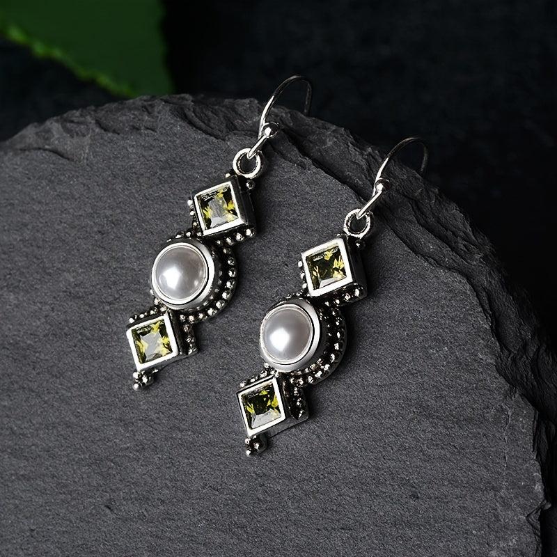 Vintage Geometric Drop Earrings Inlaid Faux Pearls Synthetic Gemstones