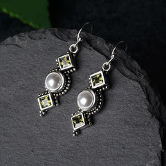 Vintage Geometric Drop Earrings Inlaid Faux Pearls Synthetic Gemstones