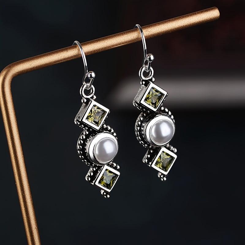Vintage Geometric Drop Earrings Inlaid Faux Pearls Synthetic Gemstones