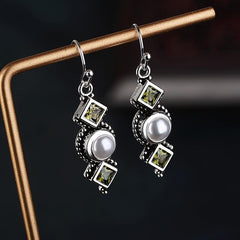 Vintage Geometric Drop Earrings Inlaid Faux Pearls Synthetic Gemstones