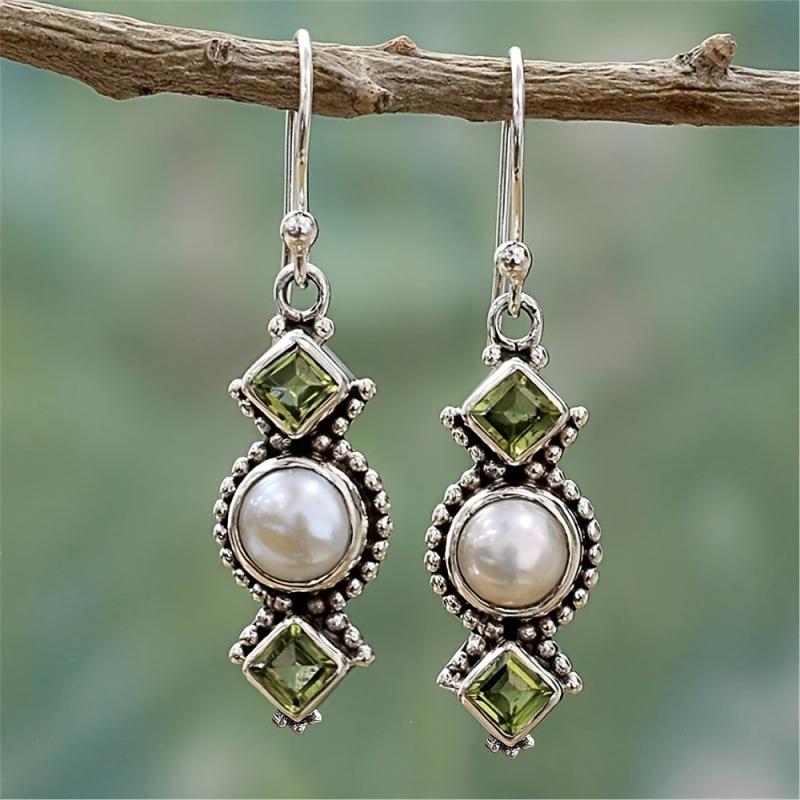 Vintage Geometric Drop Earrings Inlaid Faux Pearls Synthetic Gemstones