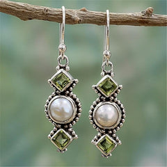 Vintage Geometric Drop Earrings Inlaid Faux Pearls Synthetic Gemstones