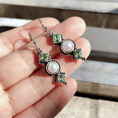 Vintage Geometric Drop Earrings Inlaid Faux Pearls Synthetic Gemstones