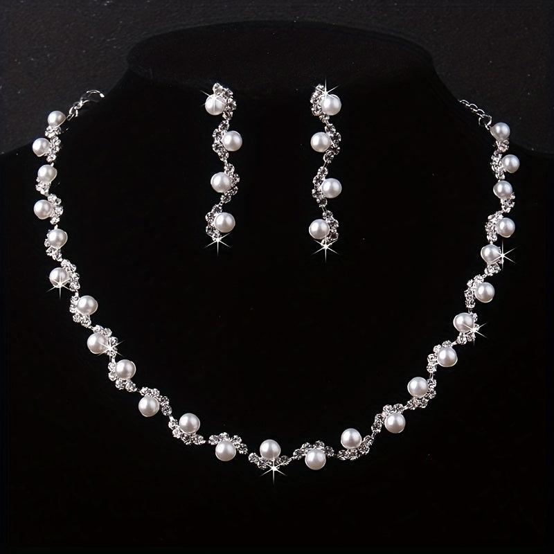 Charm Rhinestone Necklace & Earrings Set for Women - Bridal Wedding Jewelry