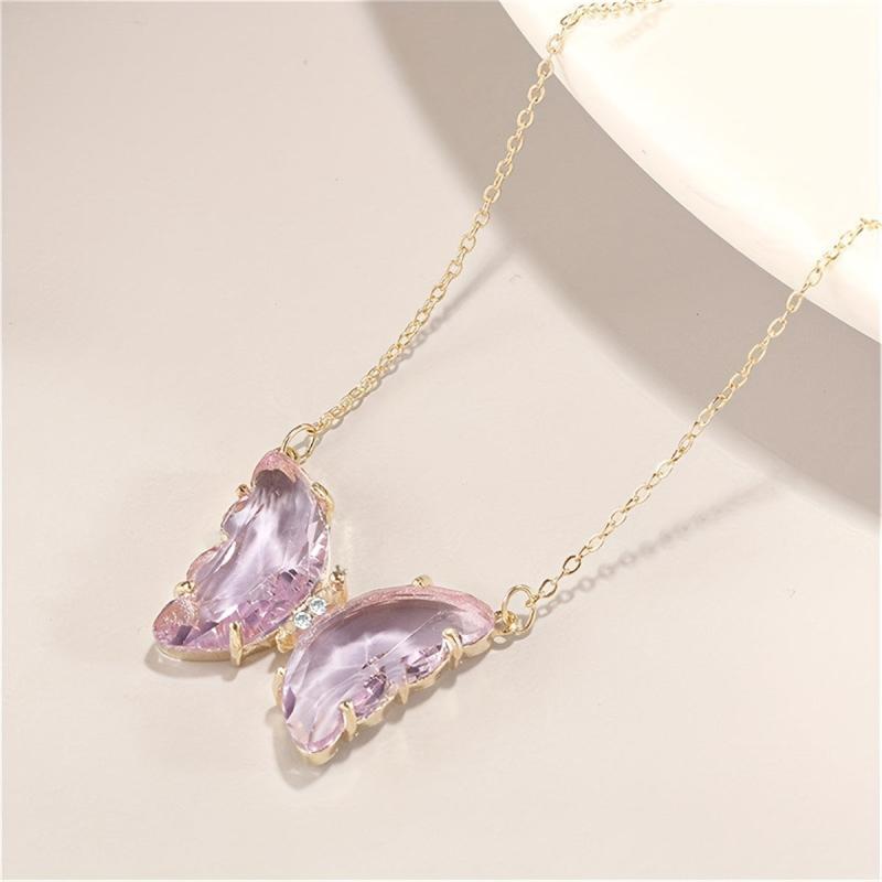 Crystal Clear Butterfly Pendant Necklace Clavicle Chain Women