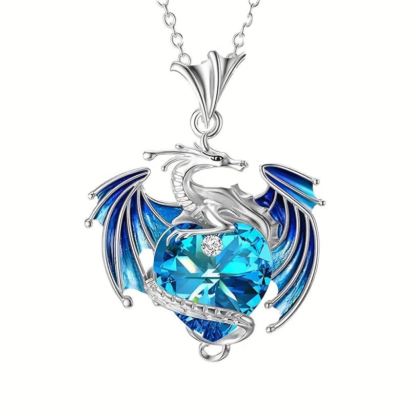 Heart Shape Gemstone Dragon Pendant Necklace for Women