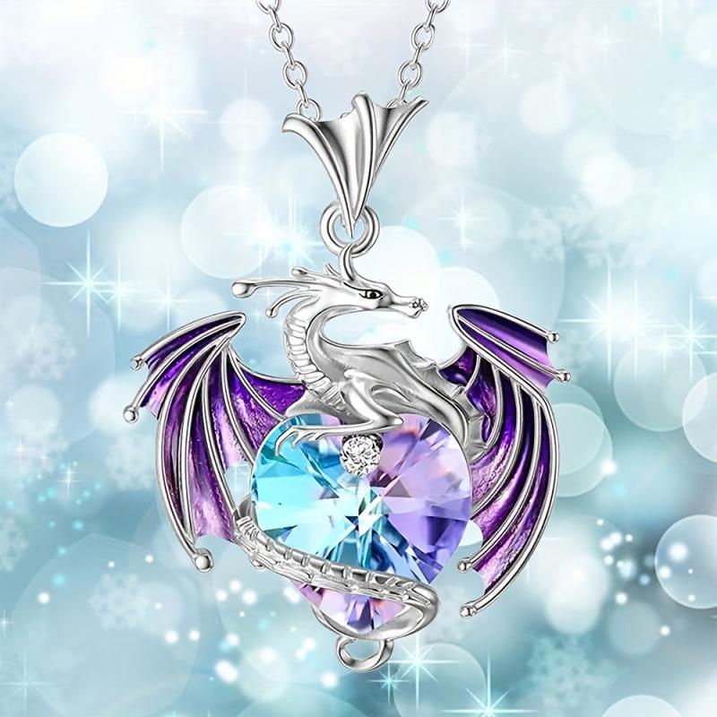 Heart Shape Gemstone Dragon Pendant Necklace for Women