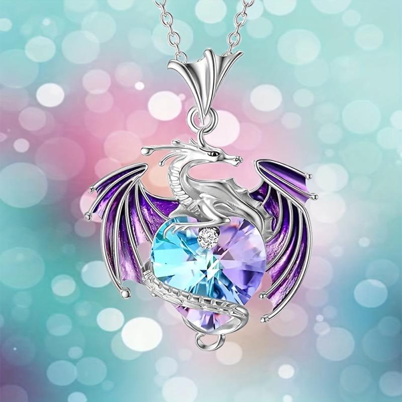 Heart Shape Gemstone Dragon Pendant Necklace for Women