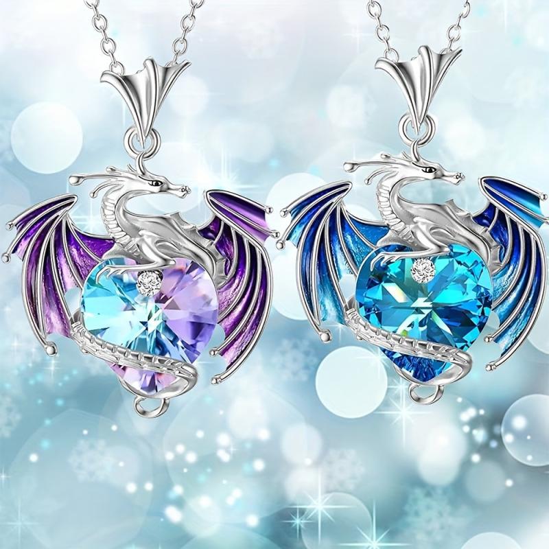 Heart Shape Gemstone Dragon Pendant Necklace for Women