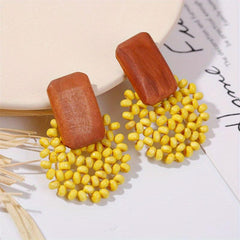 Geometric Wooden Bead Earrings Bohemian Hand Woven Minimalist Jewelry