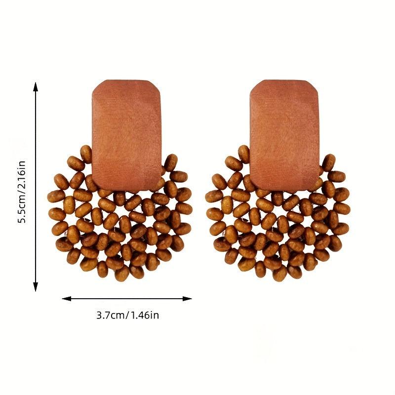 Geometric Wooden Bead Earrings Bohemian Hand Woven Minimalist Jewelry