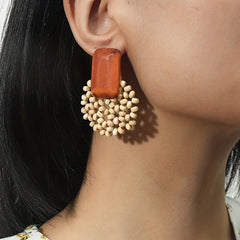 Geometric Wooden Bead Earrings Bohemian Hand Woven Minimalist Jewelry