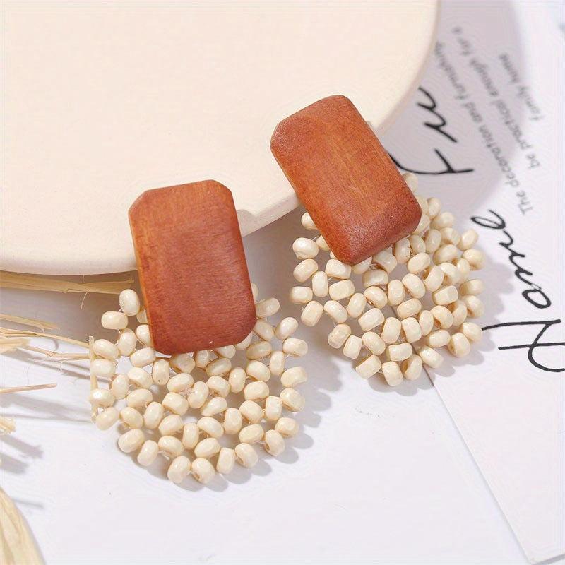 Geometric Wooden Bead Earrings Bohemian Hand Woven Minimalist Jewelry