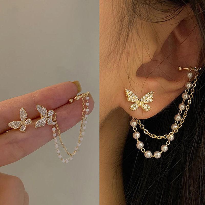 Vintage Butterfly Stud Earrings Fairy Tassel Wedding Earrings