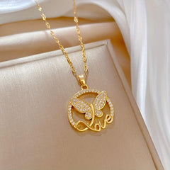 Stainless Steel Butterfly Love Letter Pendant Necklace For Women