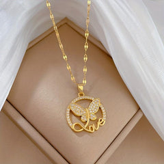 Stainless Steel Butterfly Love Letter Pendant Necklace For Women