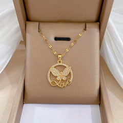 Stainless Steel Butterfly Love Letter Pendant Necklace For Women