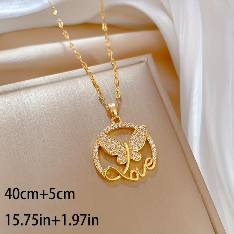 Stainless Steel Butterfly Love Letter Pendant Necklace For Women