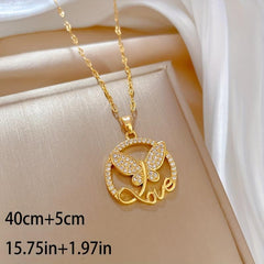 Stainless Steel Butterfly Love Letter Pendant Necklace For Women