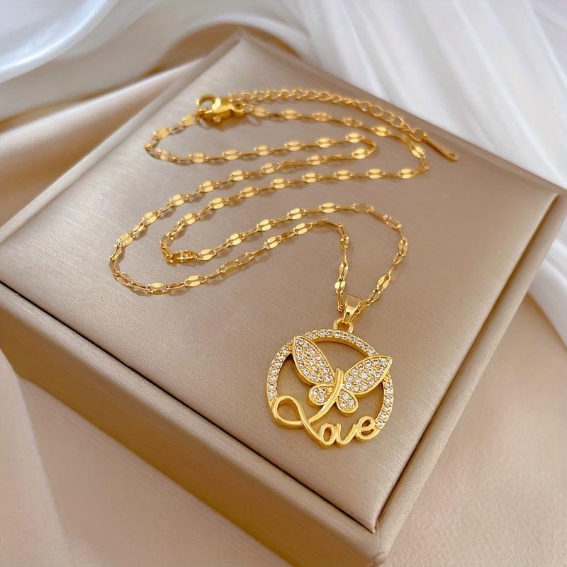 Stainless Steel Butterfly Love Letter Pendant Necklace For Women