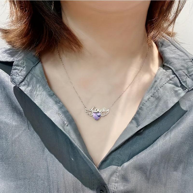Angel Wings Dazzling Heart Purple Crystal Pendant Necklace For Women