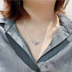 Angel Wings Dazzling Heart Purple Crystal Pendant Necklace For Women