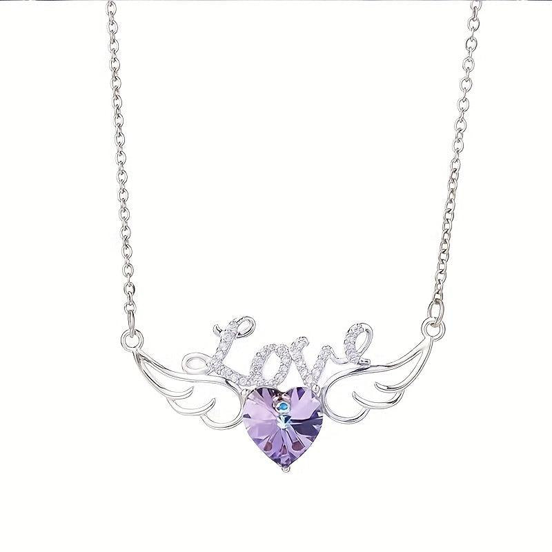 Angel Wings Dazzling Heart Purple Crystal Pendant Necklace For Women