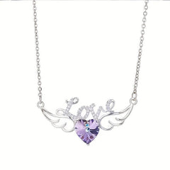 Angel Wings Dazzling Heart Purple Crystal Pendant Necklace For Women