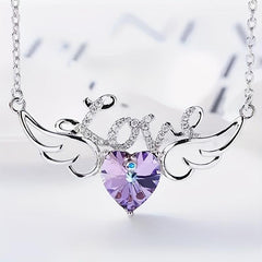 Angel Wings Dazzling Heart Purple Crystal Pendant Necklace For Women
