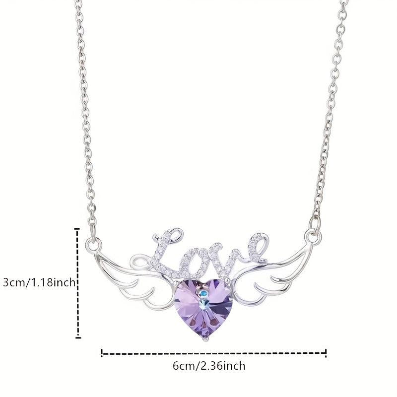 Angel Wings Dazzling Heart Purple Crystal Pendant Necklace For Women