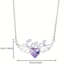 Angel Wings Dazzling Heart Purple Crystal Pendant Necklace For Women