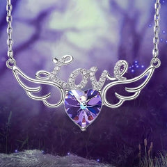 Angel Wings Dazzling Heart Purple Crystal Pendant Necklace For Women