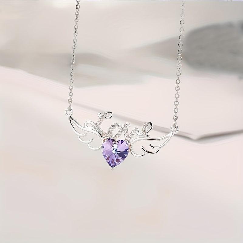 Angel Wings Dazzling Heart Purple Crystal Pendant Necklace For Women