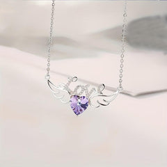 Angel Wings Dazzling Heart Purple Crystal Pendant Necklace For Women