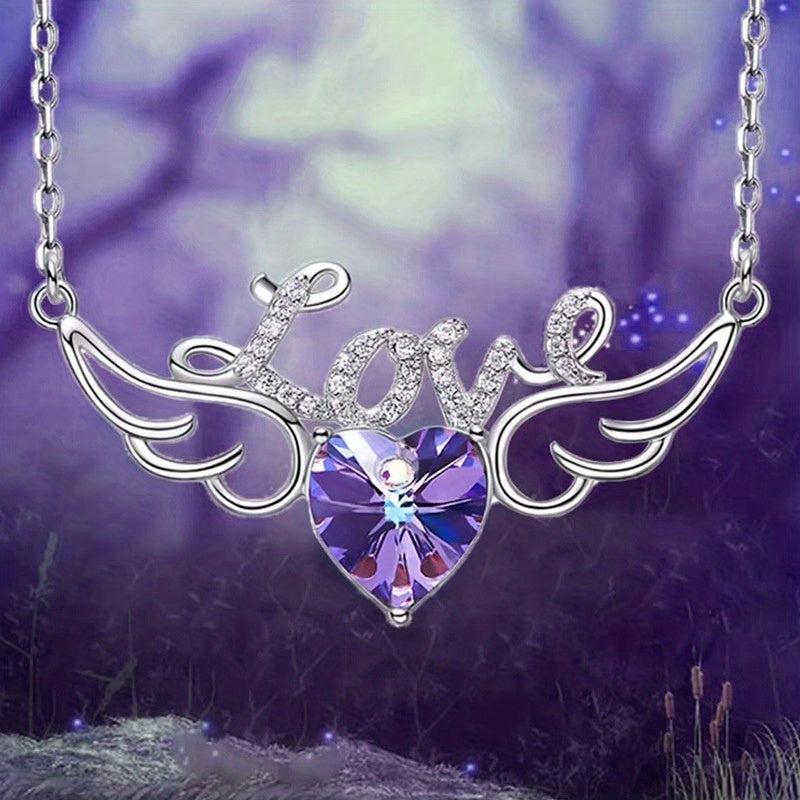 Angel Wings Dazzling Heart Purple Crystal Pendant Necklace For Women