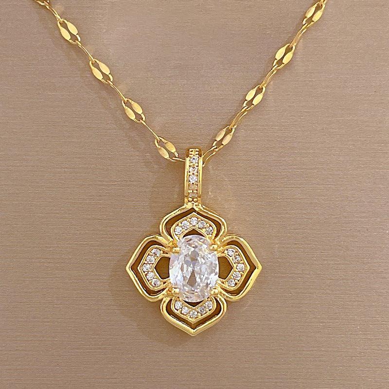 Geometric Flowers Diamonds Pendant Chain Women's Rhinestone Necklace