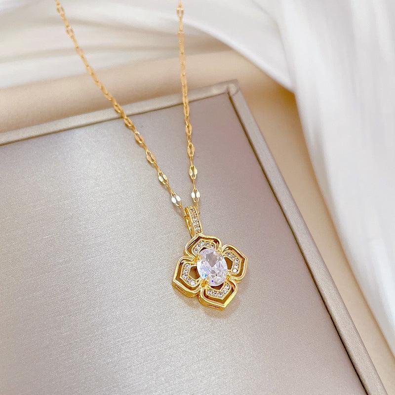 Geometric Flowers Diamonds Pendant Chain Women's Rhinestone Necklace
