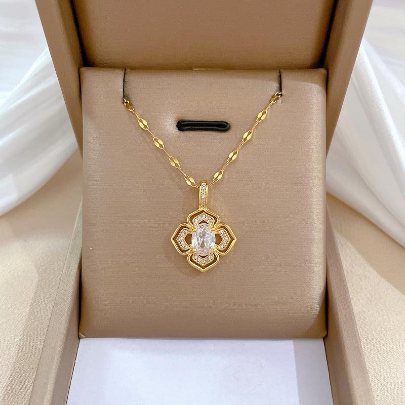 Geometric Flowers Diamonds Pendant Chain Women's Rhinestone Necklace