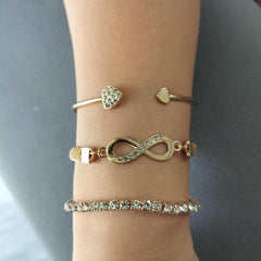 Women's Heart shaped Open Bracelet 8 Character Bracelet With Diamonds 3pcs Set